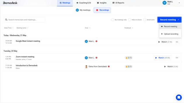 Demodesk platform interface showing AI-powered sales meeting insights, call analytics, and coaching dashboard