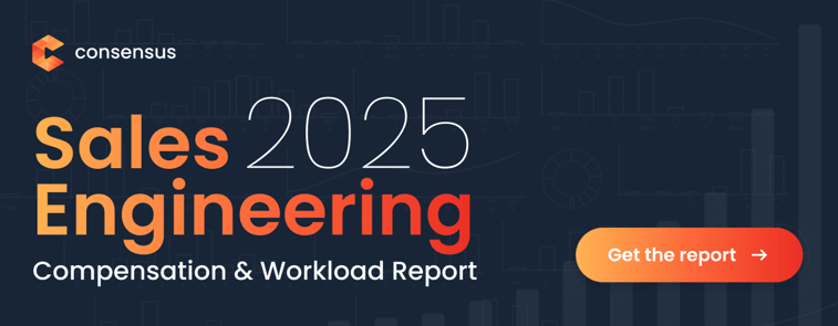 Banner with text: "Sales Engineering 2025 Compensation & Workload Report." A button reads "Get the report." Background has graph elements and the word "consensus" with a logo. Consensus