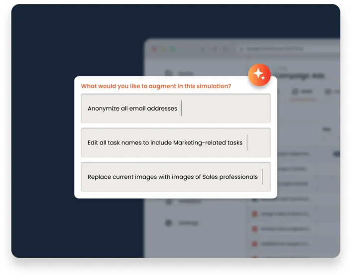 pop-up window with options to anonymize emails, edit task names for marketing, or replace images with sales professionals. Consensus