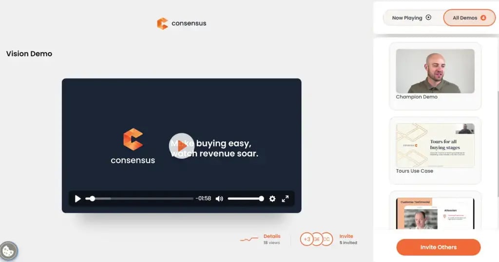 A computer screen showcases a video player with the Consensus logo, enhancing the buyer's journey through demo automation. The sidebar features video thumbnails and a person speaking in a demo. Buttons for "Invite Others" and viewing playlists are prominently displayed. Consensus