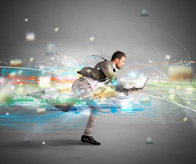 A man frantically running while multitasking with a laptop in his hands, engaging in Social Media Marketing for B2B collaboration.