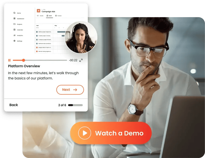 A man with glasses works on his laptop, engaging in an on-demand demo. The screen displays a video call alongside a presentation slide with navigation buttons, showcasing the seamless integration of live interaction and guided navigation. Consensus