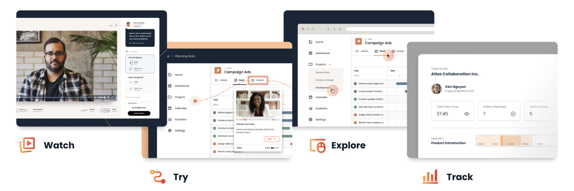 A series of four digital interface screens showcases the future of product experience: a video call, a task window, a campaign dashboard, and a tracking analytics page labeled "Watch," "Try," "Explore," and "Track" respectively. Consensus