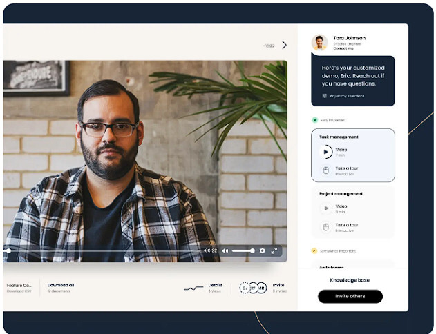 screenshot captures a video call interface featuring a bearded man in a plaid shirt, accompanied by text on the right offering a demo and contact info for Tara Johnson. 2025 statistics highlight how Product Qualified Leads can enhance such demos' effectiveness. Consensus