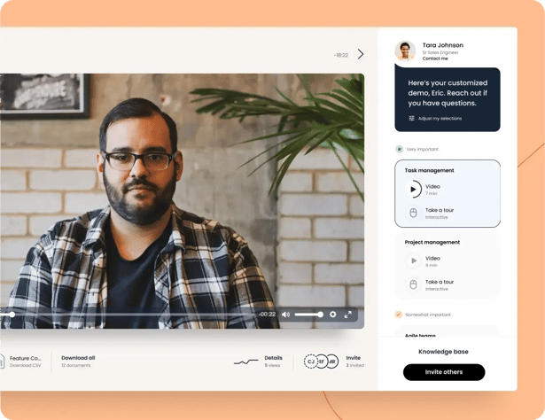 Screenshot of a video call interface showing a man with glasses and a beard. Side panel displays the name Tara Johnson with options for task and project management tours. Consensus