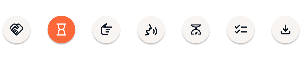 A row of icon buttons with one highlighted in orange, representing various media control functions such as play, pause, volume, and download, perfect for mastering the art of effective demos.