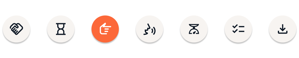 Seven round icons in a row on a light background; one highlighted in orange with a thumbs-up, the others in white featuring various symbols, symbolizing effective demos.
