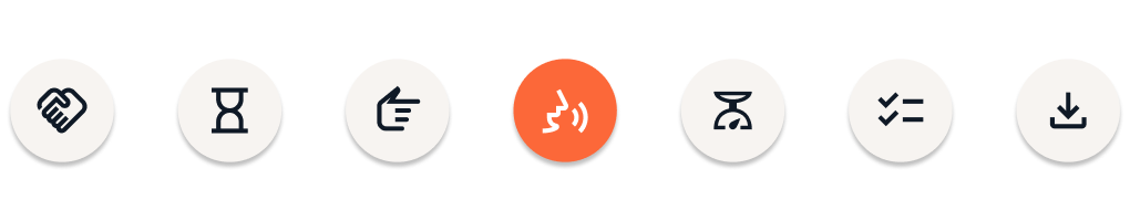 A series of icons depicting various actions or features, with a central orange icon indicating sound or volume control, flanked by icons that suggest customization options such as adjusting settings and downloading. This setup is ideal