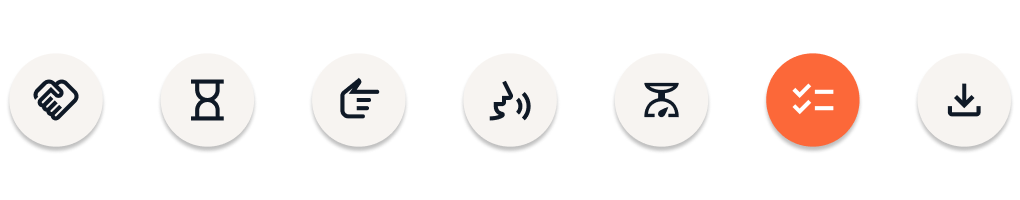 A row of icons, including a wifi symbol, an hourglass, a thumbs up, musical notes, another hourglass, with an orange highlighted icon featuring a checkmark and a download arrow at the