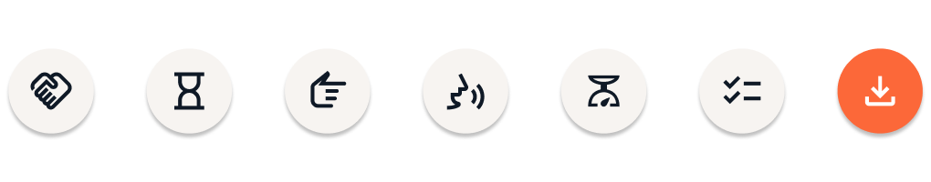 A row of six circular icons with different symbols, indicating various functions such as settings, time, music, download, and an orange circle with a downward arrow, likely representing a call to action button in
