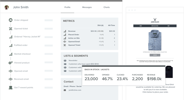 Klaviyo dashboard showing email and SMS campaign performance, customer segmentation, and engagement metrics