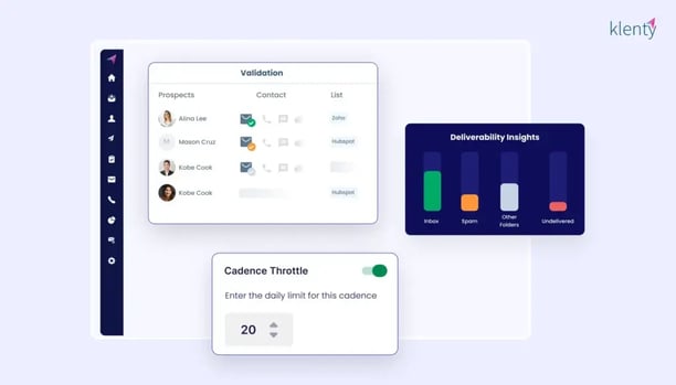 Klenty platform interface showing email deliverability insights and outbound campaign performance