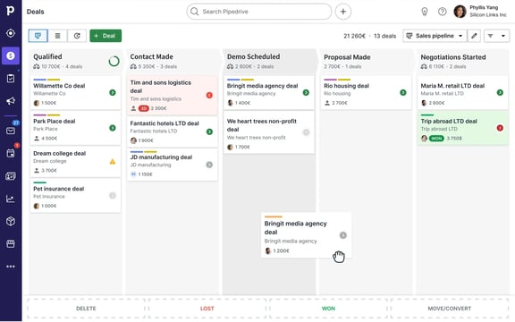 Pipedrive CRM interface showing visual sales pipeline with deal stages and activity tracking