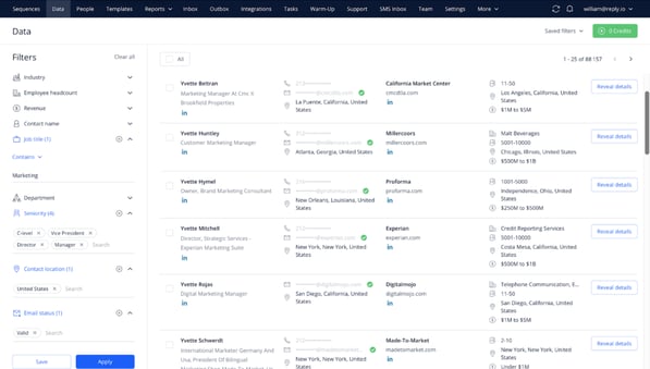 Reply.io platform dashboard displaying outbound sequences, email performance, and engagement tracking