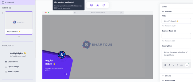SmartCue interactive demo interface showing guided product walkthrough and user engagement flow