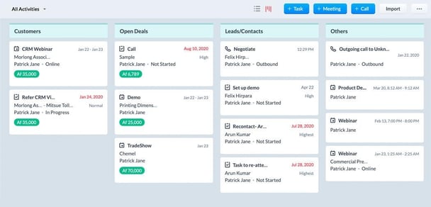 Zoho CRM dashboard showing activity management, customer interactions, and sales tracking interface