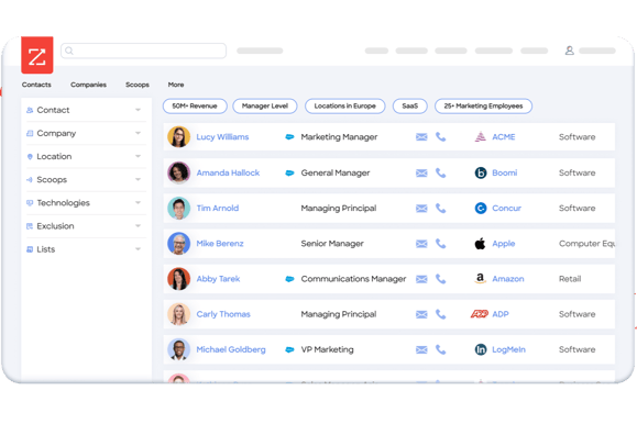 ZoomInfo platform interface displaying company data, contact insights, and sales intelligence dashboard