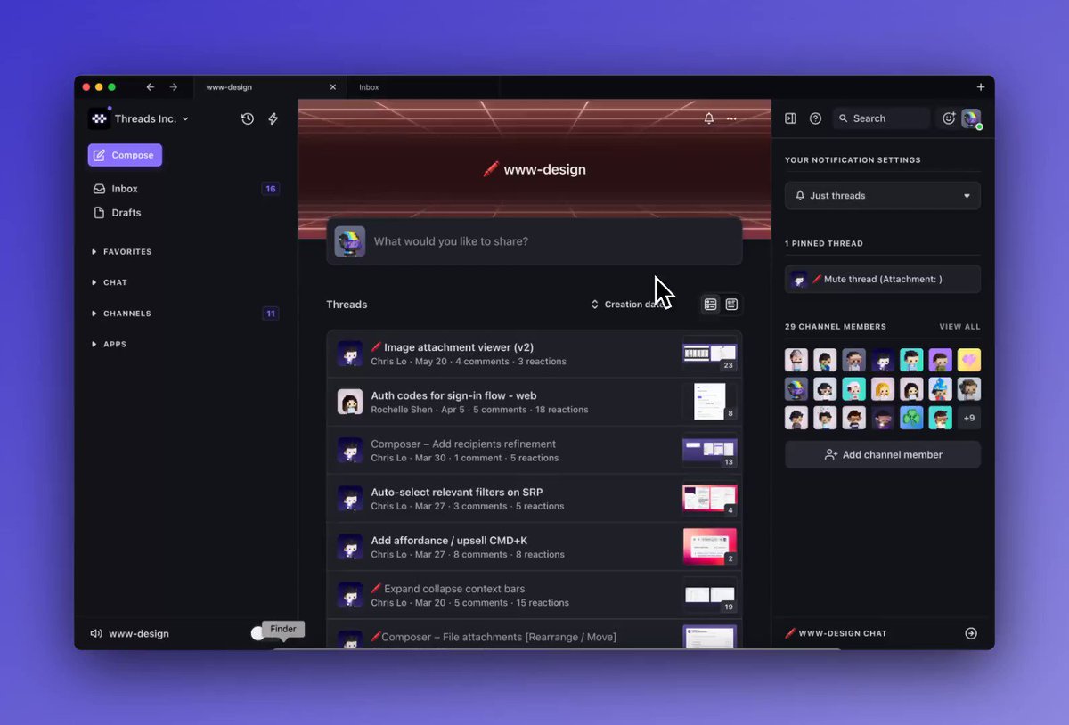 Screen Studio recording a dark-mode Threads workspace interface