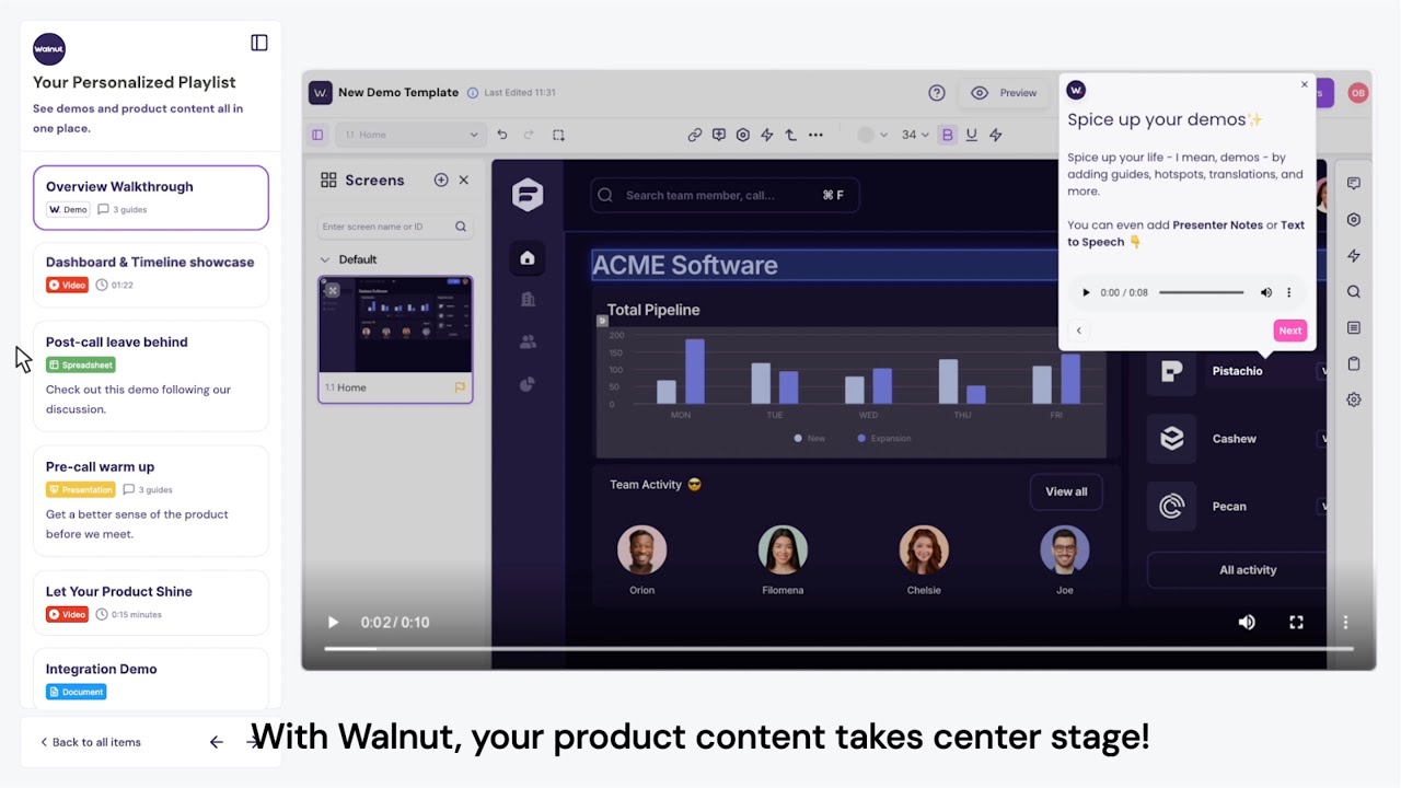 Walnut playlist and demo editor showing software dashboard