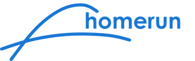 Blue "homerun" logo with a curved swoosh design extending from the "h" to underline the text, perfect for your website homepage, on a transparent background. Consensus