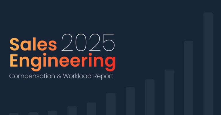 Cover of the Sales Engineering 2025 Compensation & Workload Report, featuring a dark background and a silhouette of a bar chart that highlights key insights into compensation trends. Consensus