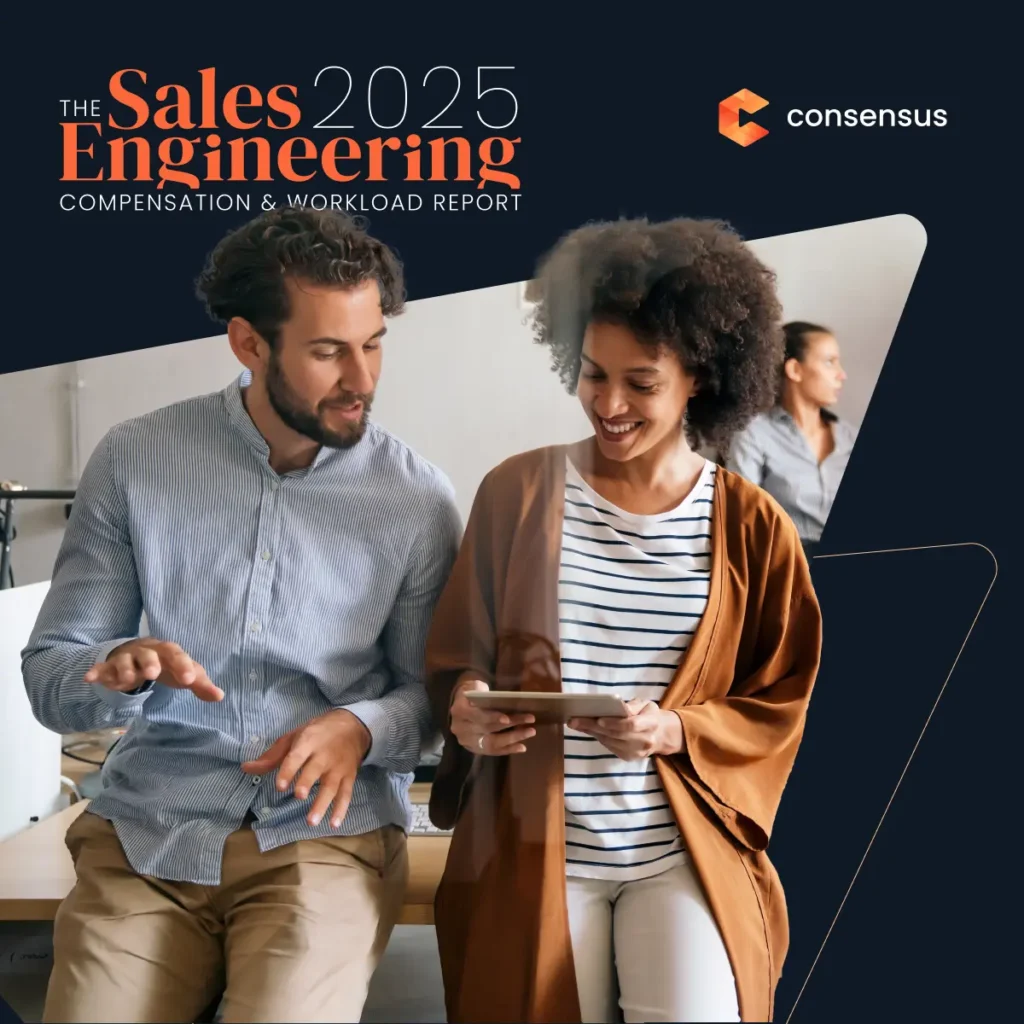 Two people are seated and looking at a tablet together. The image features the text: "The Sales Engineering 2025 Compensation & Workload Report" and the logo "Consensus. Consensus