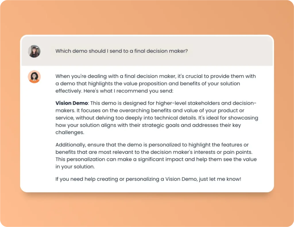 A chat exchange about which demo to send to a final decision maker, suggesting a Vision Demo focusing on benefits, value, and personalization for stakeholders. Consensus