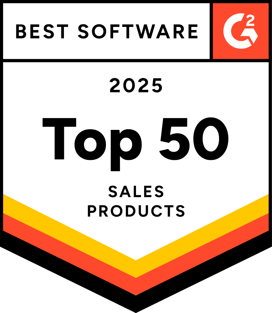 A badge featuring "Best Software 2025," "Top 50 Sales Products," and the G2 logo, with red, orange, and yellow stripes at the bottom. Consensus