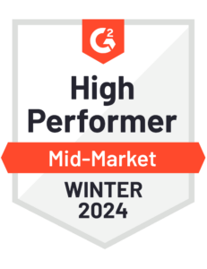 G2 High Performer Mid-Market Winter 2024 badge, featuring an orange and white shield with text indicating the award category and season.