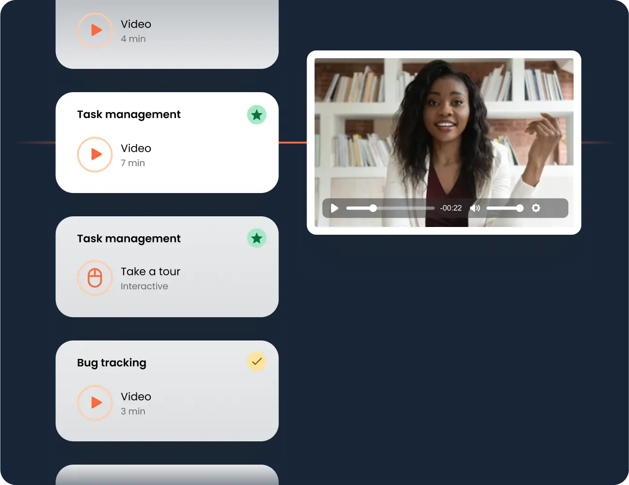 User interface of a software application displaying interactive video demos, including one featuring a smiling woman explaining a topic.