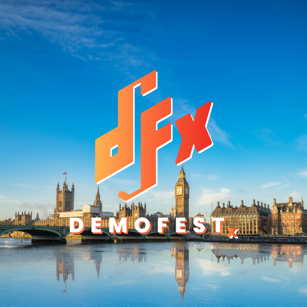 The Houses of Parliament and Big Ben beside the Thames under a clear sky, with a bold “DFX” logo and “DEMOFESTx London 2025” superimposed over the scene. Consensus