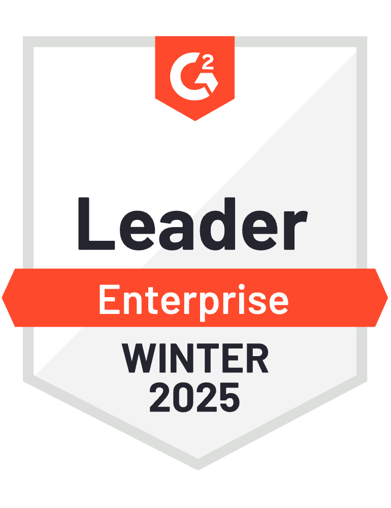 G2 badge stating "Leader Enterprise Winter 2025" with a red banner and G2 logo at the top. Consensus