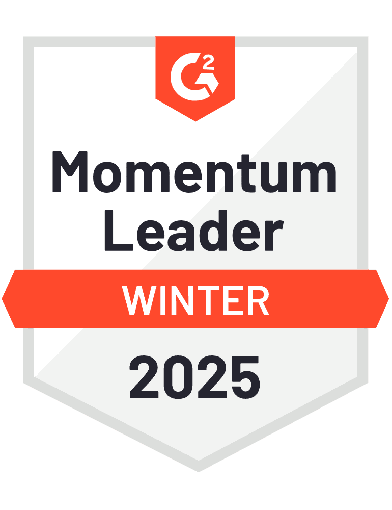 G2 award badge labeled "Momentum Leader Winter 2025" on a white background with red accents. Consensus