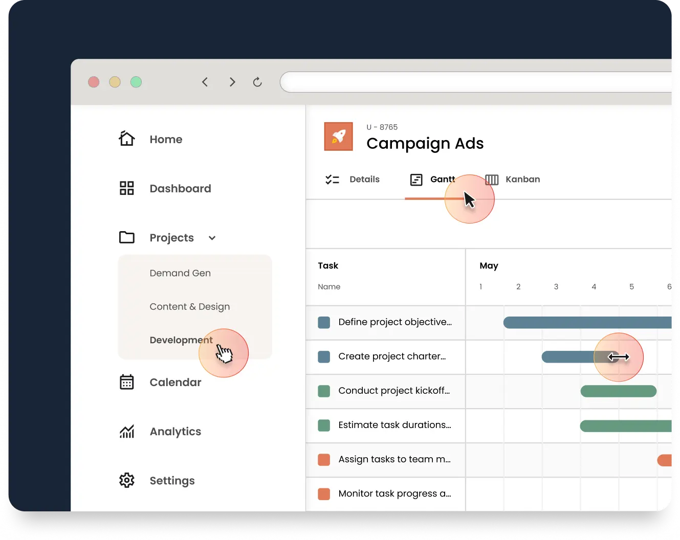 A computer screen displays a project management dashboard with a sidebar menu and a Gantt chart for "Campaign Ads." A cursor hovers over "Development" and a project task. Consensus