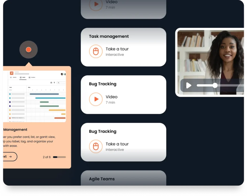 Screenshot of a task management and bug tracking interface featuring a video and interactive tour options. A person appears in a video call thumbnail on the right.