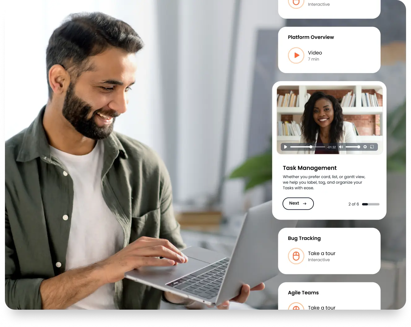 A person smiling and using a laptop, with an online platform display showing a video call and task management options.