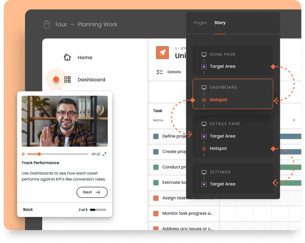 A virtual tour of a dashboard interface highlighting features such as "Track Performance" and "Hotspot" in a sidebar menu, with a video call image of a person in the bottom left corner.