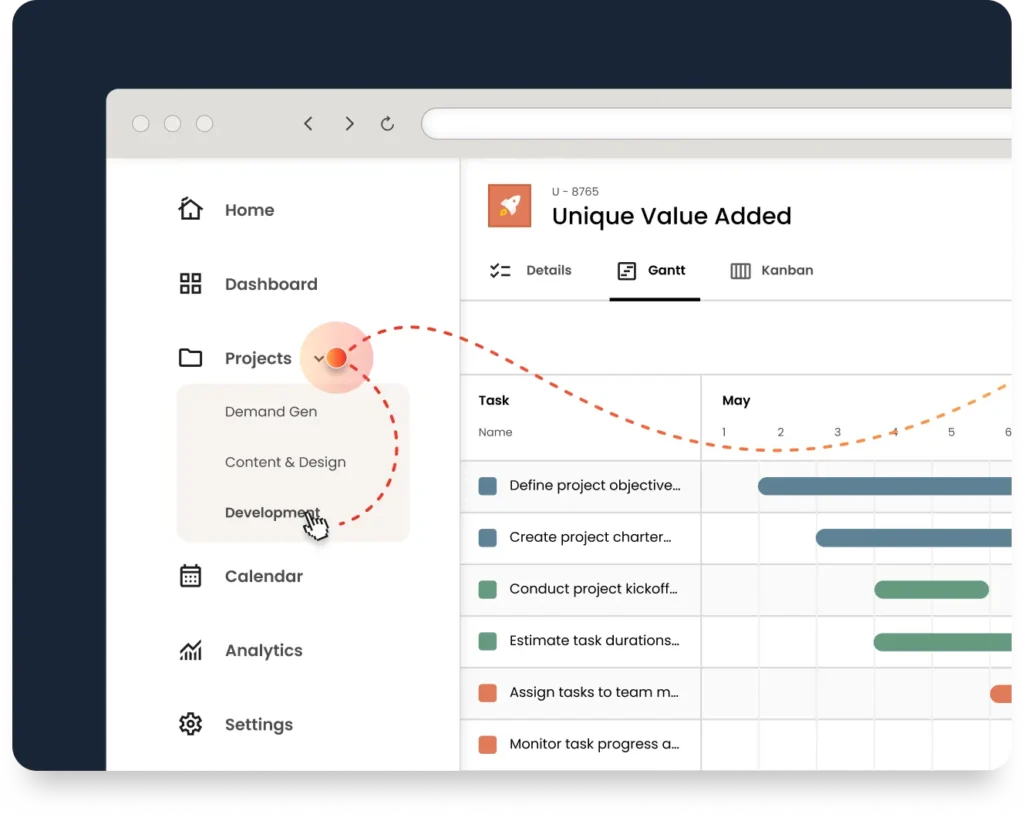 Screenshot of a project management software interface showing a Gantt chart, with a cursor selecting the "Development" project from a menu on the left.