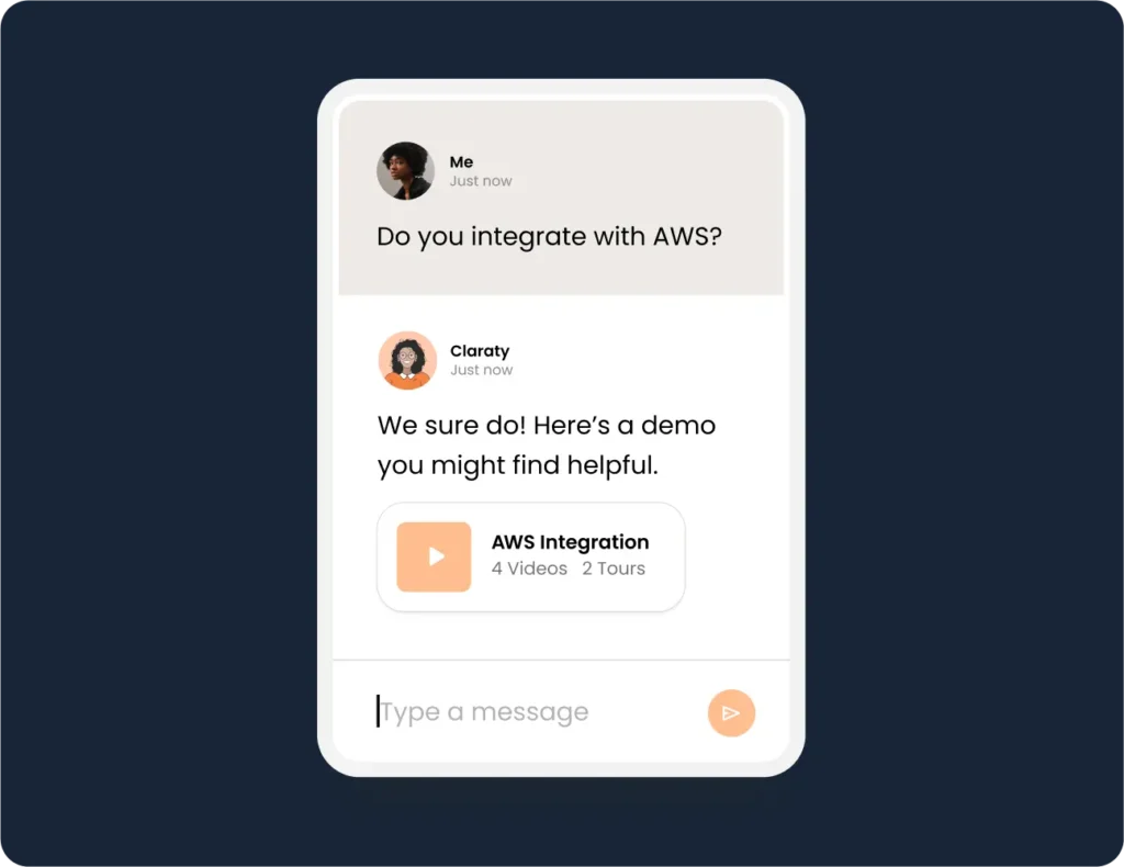 Messaging app conversation showing a user asking about AWS integration and receiving a positive response with a demo link suggestion. Consensus