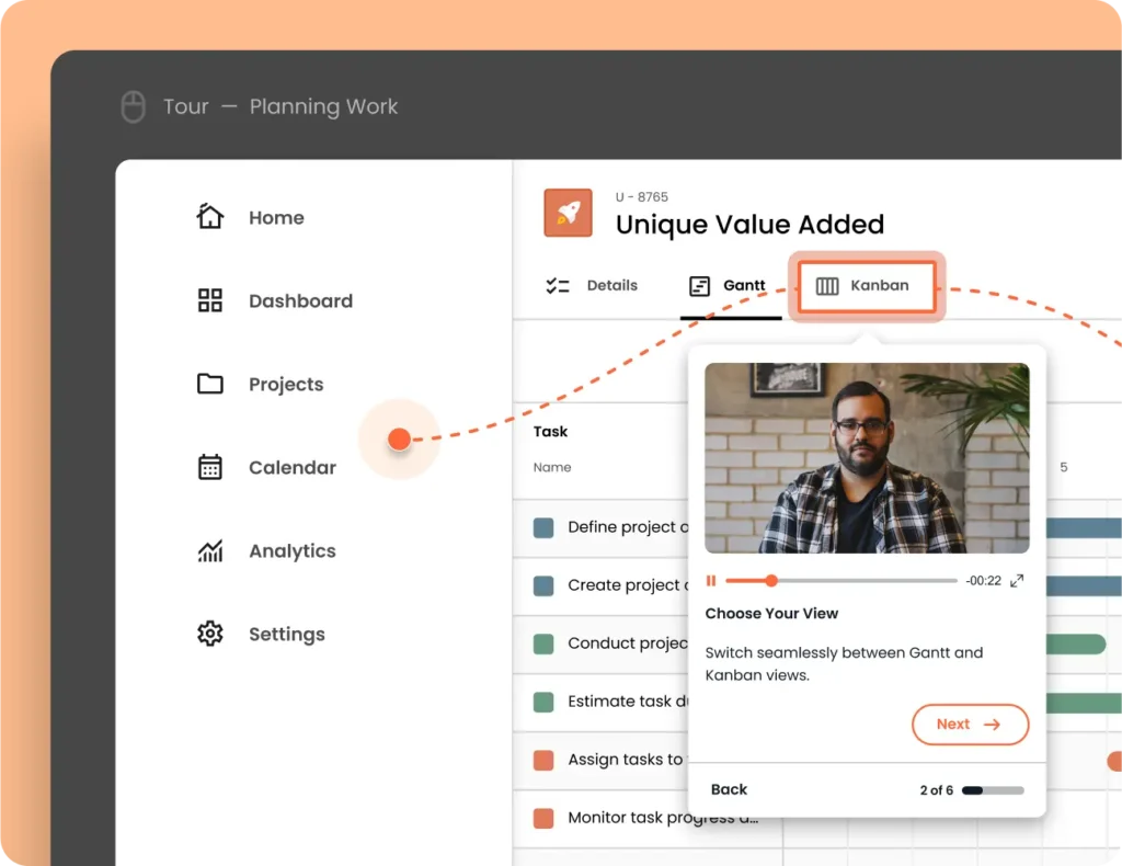 A project management software interface is shown, with a focus on selecting between Gantt and Kanban views. A man is displayed in a pop-up window offering a choice of view options.