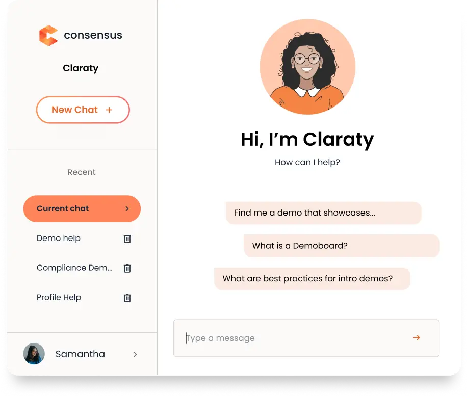 Chat interface with a cartoon avatar and options to start a new chat. The current chat asks questions about demos, including what a demoboard is and best practices for intro demos. Consensus