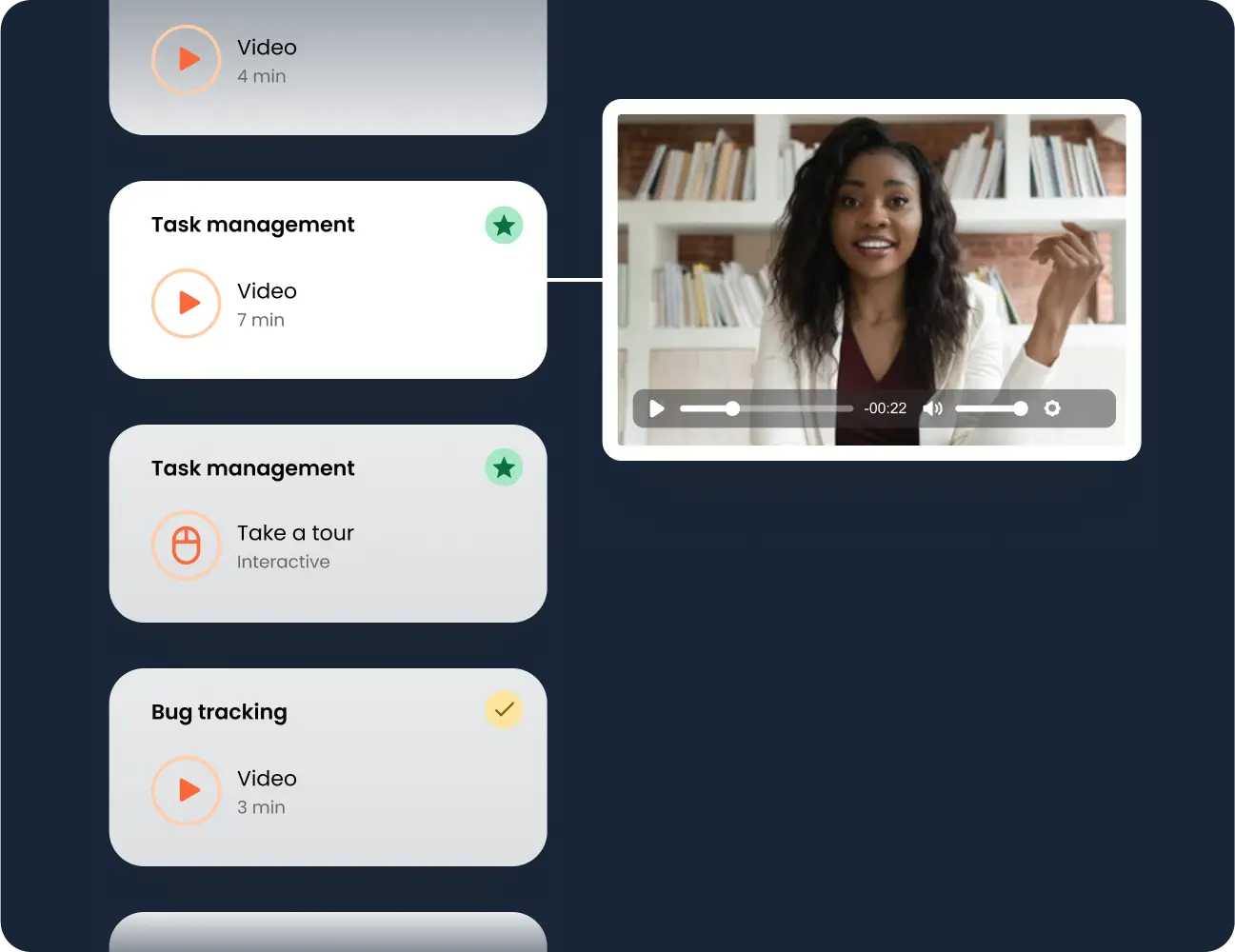 Screenshot of the Clari software interface displaying a series of training videos on task management and bug tracking. A woman in professional attire is speaking in one of the video thumbnails.