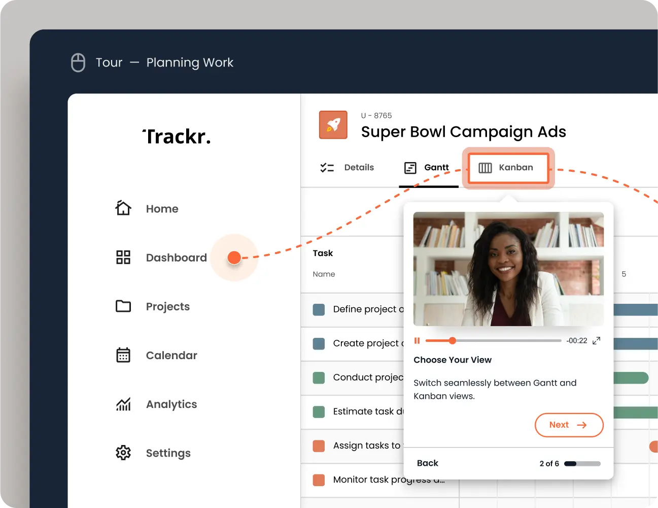 Screenshot of a project management software interface showing a user smiling during an interactive video call, with task management options like gantt and kanban visible.