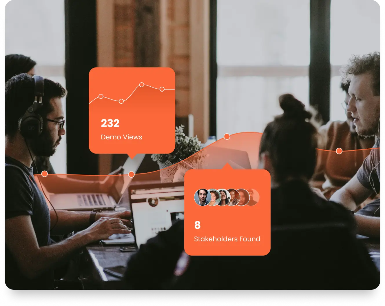 Group of people working on laptops in a meeting room with overlay showing analytics: 232 demo views and 8 stakeholders found.