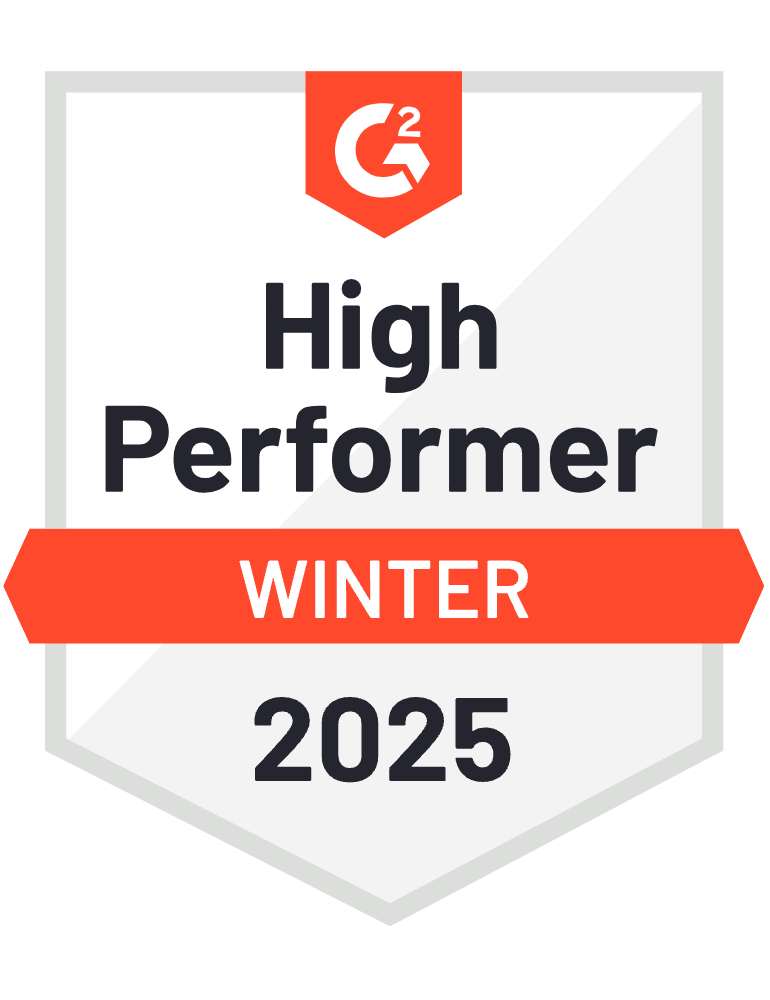 G2 badge displaying "High Performer Winter 2025" in black and white text with orange highlights. Consensus