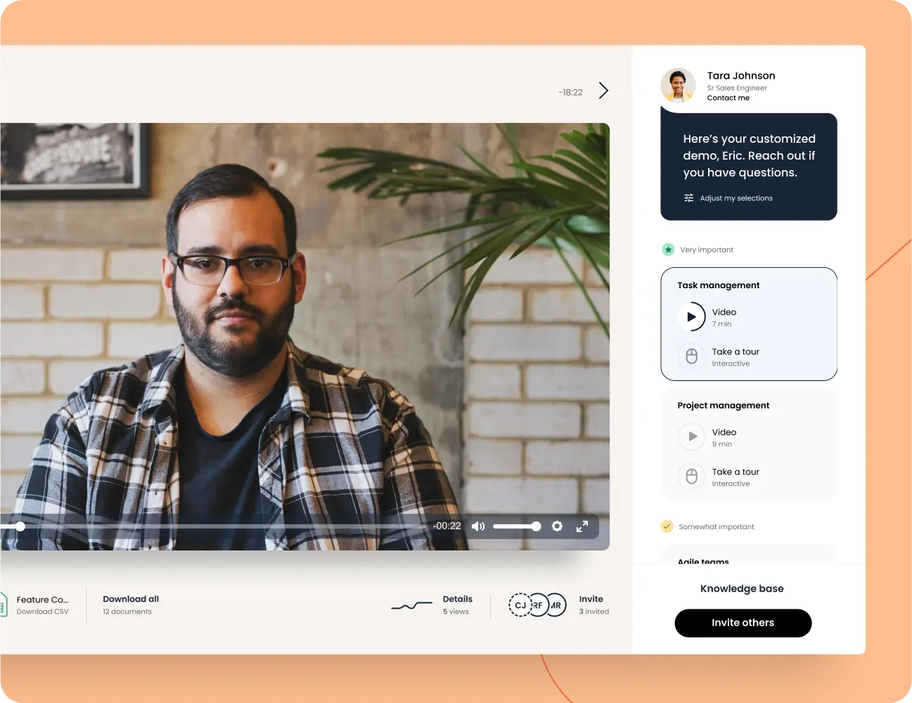 Screenshot of a video call interface showing a man with glasses and a beard. Side panel displays the name Tara Johnson with options for task and project management tours. Consensus