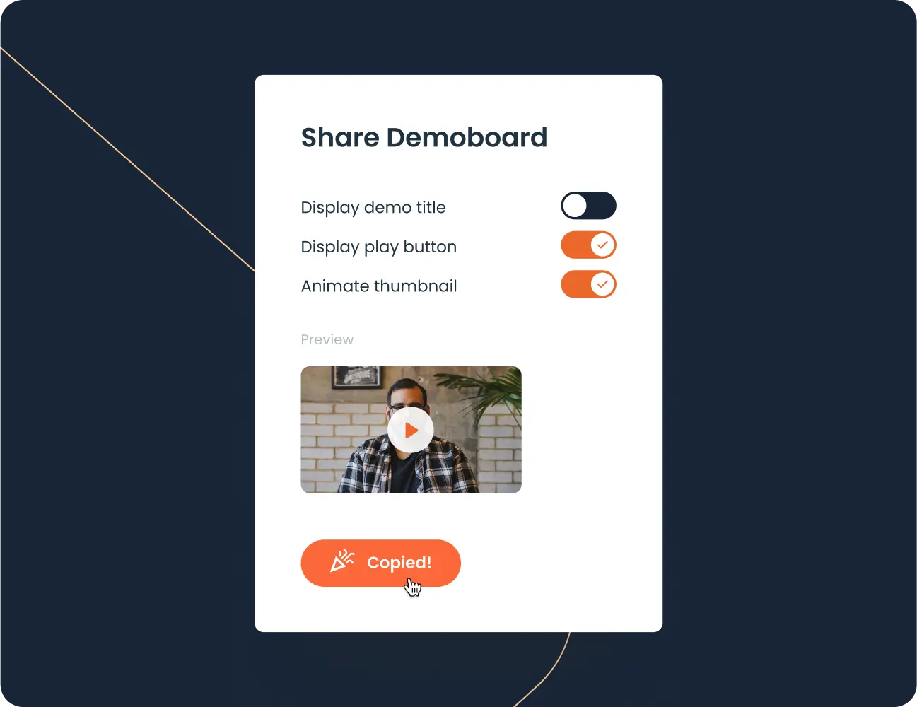 Graphic of a digital sharing interface titled "interactive demos" with a preview window showing a man on video, and icons for settings and sharing options.