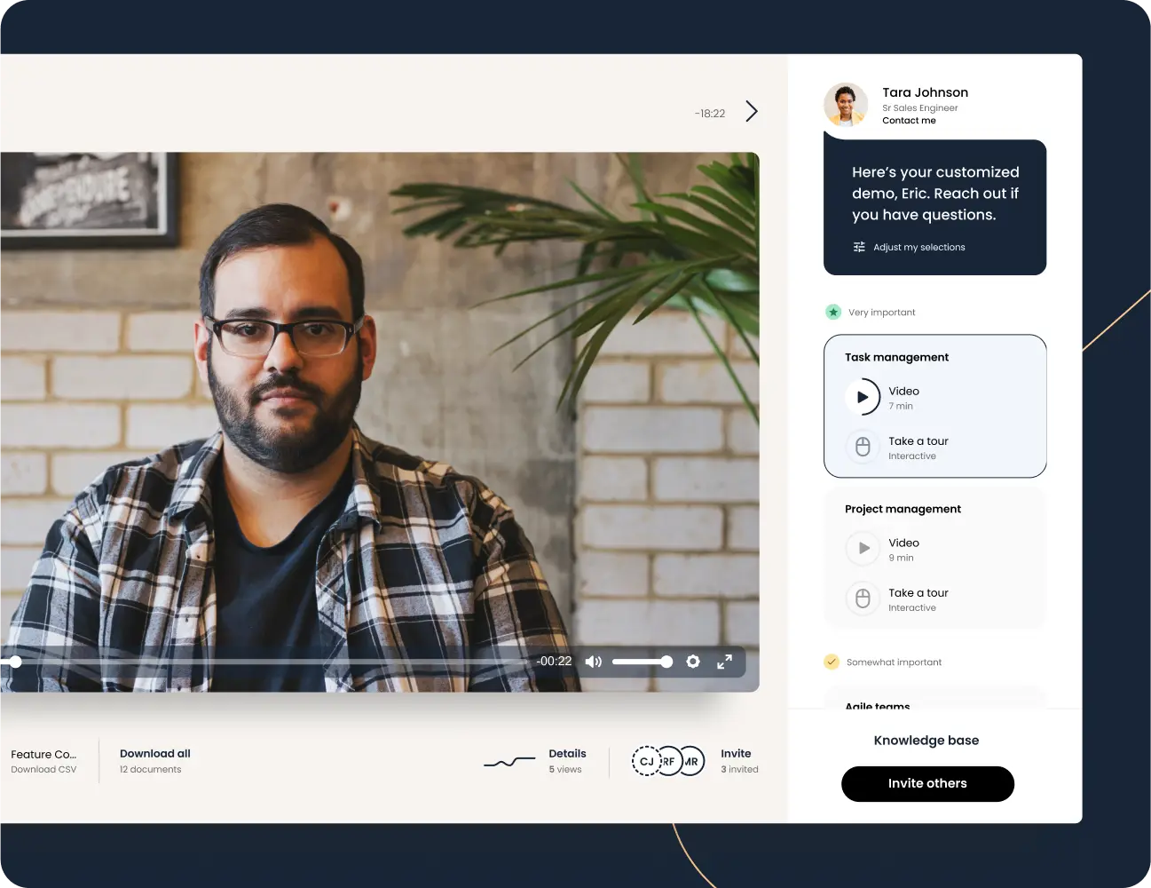 Man in glasses and plaid shirt during an interactive video call, displayed on a computer screen with chat and project management tools.