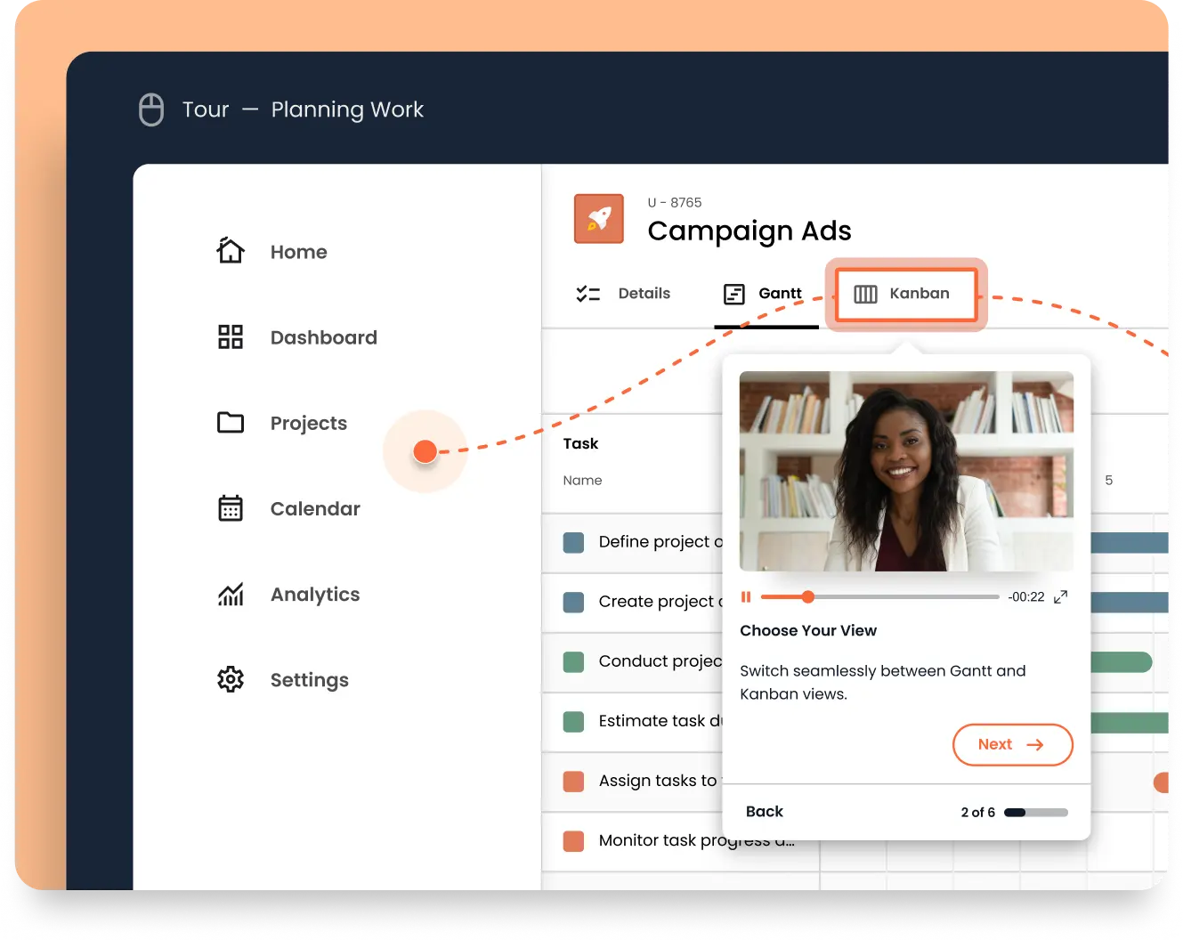 User interface of a project management tool showing a sidebar with icons, a highlighted Kanban view, and a section with a smiling person in a video call. Consensus