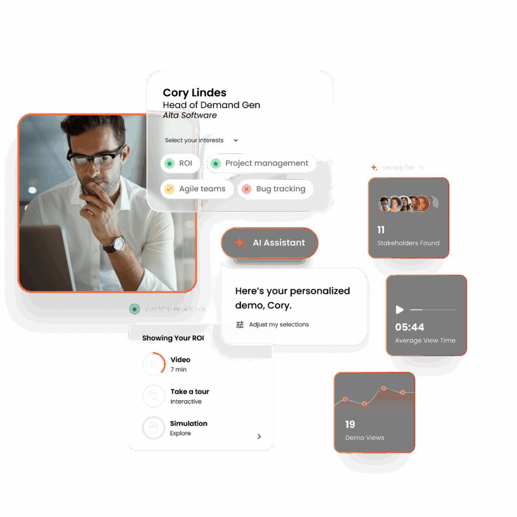 A man looking at a laptop is surrounded by UI elements on the New Homepage, featuring a personalized dashboard with interests, AI assistant messages, analytics, and media options. Consensus